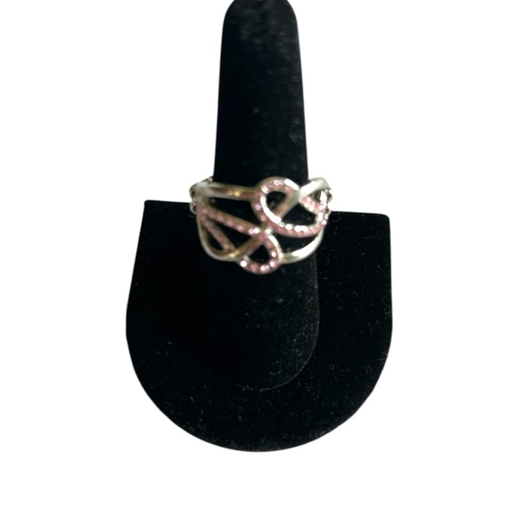 Elegant Silver Tone And  Pink Gemstones Swirl Stretch Ring Womans Sz 7 - Picture 1 of 11